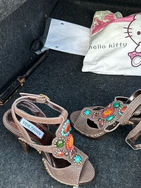 Steve Madden Brown Beaded Strappy Peep-Toe Heels